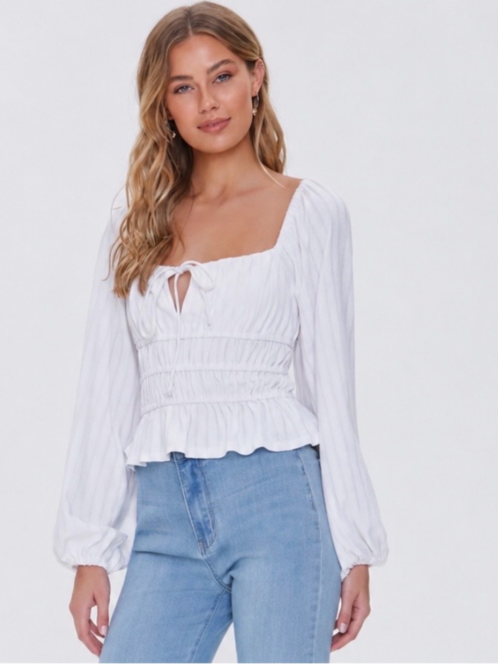 White Smocked Peplum Blouse Puff Sleeve Cottagecore Boho Tie Front Top
